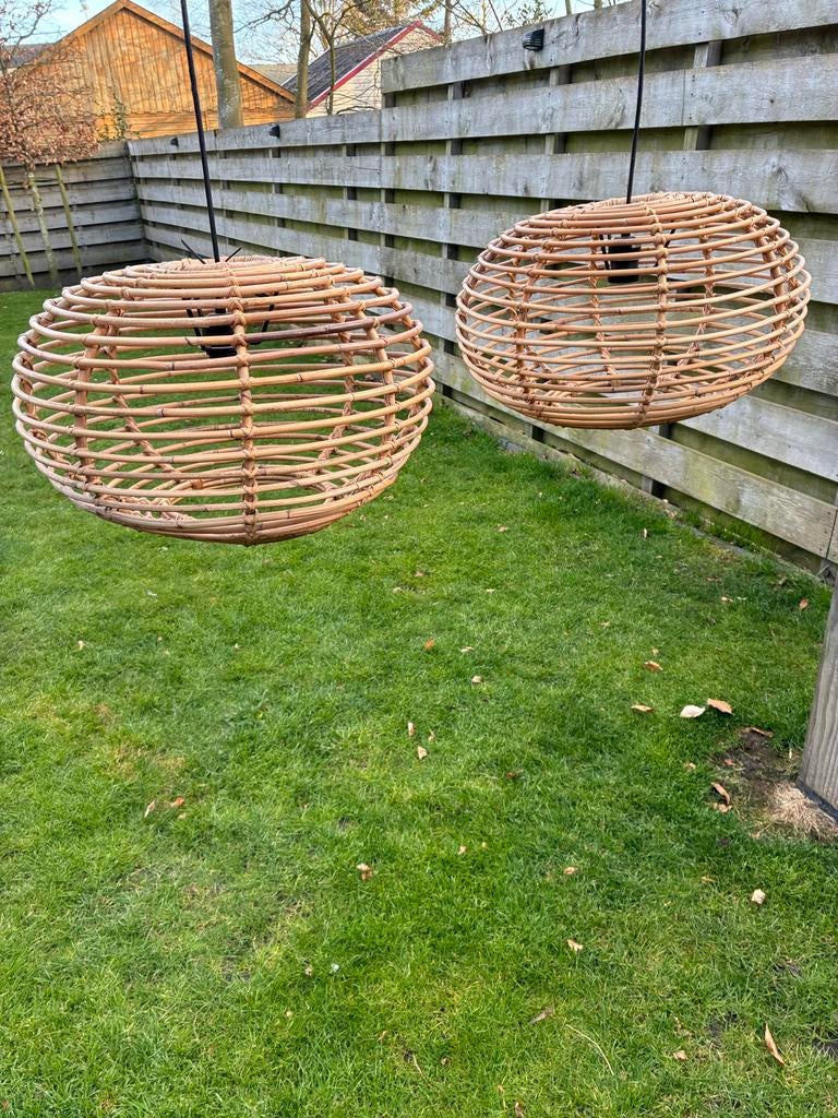 Set van 2 Rotan Hanglampen - Bohemian Stijl, Ophalen, Gebruikt, Overige materialen, Minder dan 50 cm