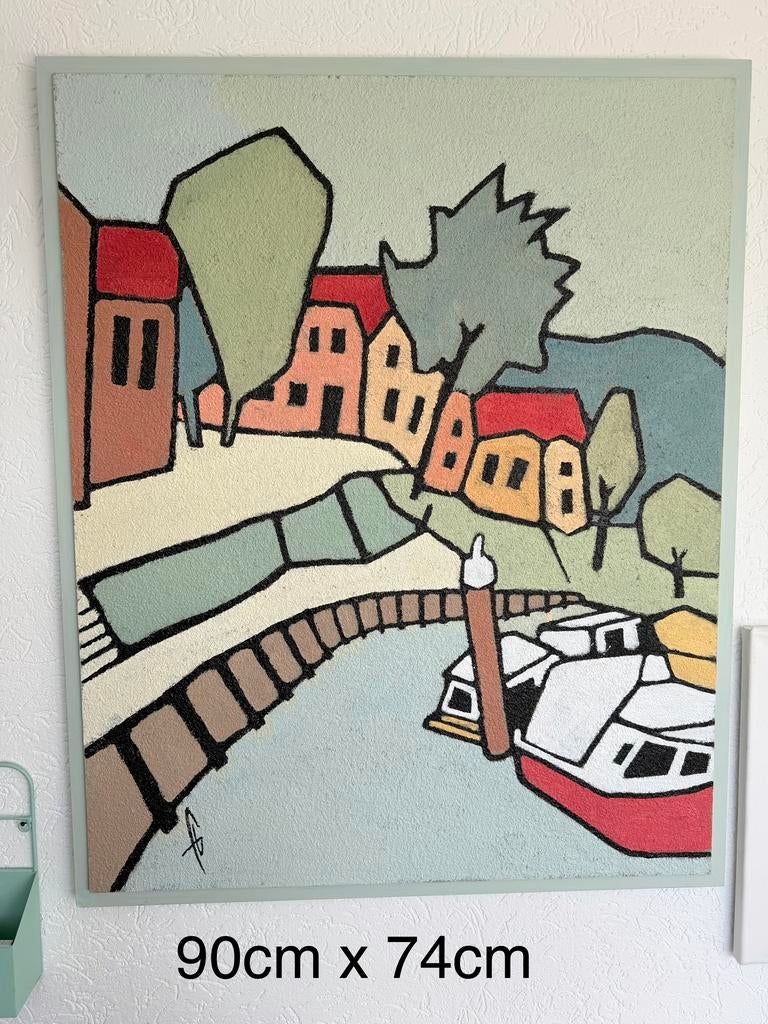 Uniek zandschilderij: Dorpsgezicht aan het water, Ophalen of Verzenden