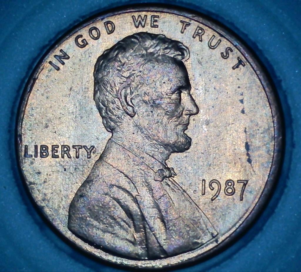 1987 Lincoln cent Die crack hair, Ophalen of Verzenden, Losse munt