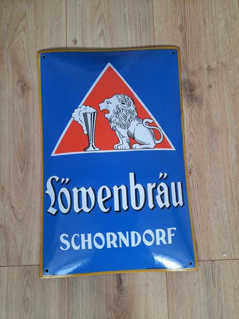 Emaille reclamebord Lowenbrau Schorndorf Boos&Hahn uit 1930, Verzamelen, Ophalen of Verzenden, Gebruikt, Reclamebord