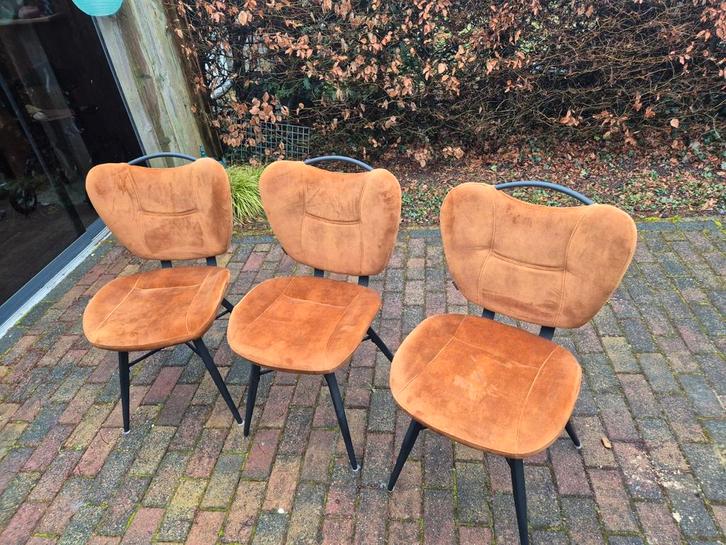 Set van 3 vintage eettafelstoelen, Huis en Inrichting, Stoelen, Gebruikt, Drie, Metaal, Stof, Bruin, Ophalen