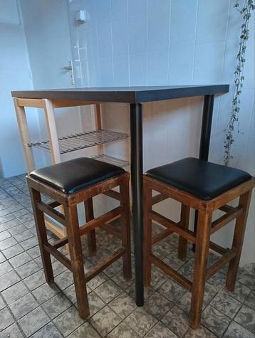 2 Vintage krukjes hout met zwart imitatie leren zitting  beschikbaar voor biedingen