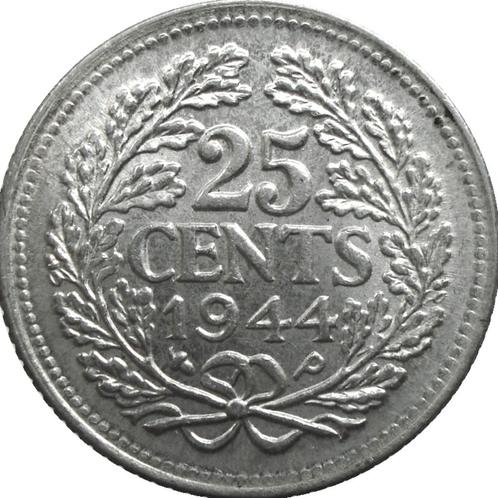 Nederland 25 cents 1944 (UNC, zilver), Postzegels en Munten, Munten | Nederland, Losse munt, 25 cent, Koningin Wilhelmina, Zilver