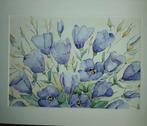 Aquarel Blauw Lila Bloemen, Antiek en Kunst, Kunst | Tekeningen en Foto's, Ophalen of Verzenden