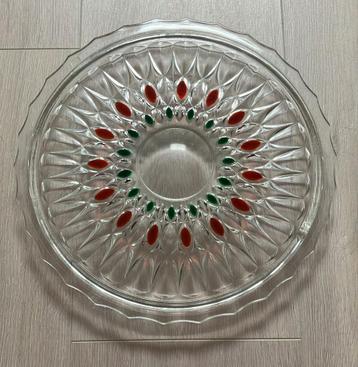 Vintage glazen serveer schaal rood groen taartplateau beschikbaar voor biedingen