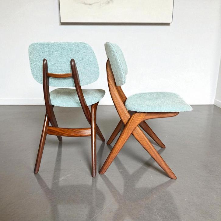 Vintage GERESTAUREERDE Louis van Teeffelen Scissor chair 2x, Huis en Inrichting, Stoelen, Gebruikt, Twee, Hout, Overige kleuren