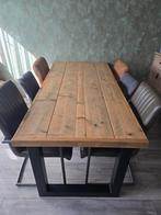 Eettafel hout met stalen poten + 6 stoelen, Huis en Inrichting, Tafels | Eettafels, Ophalen, Gebruikt, 50 tot 100 cm, Vijf personen of meer
