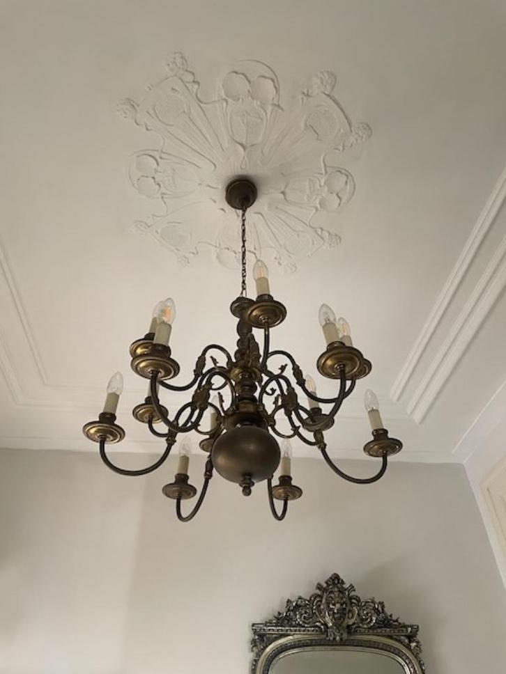 Grote messing kroonluchter - 12 lampen, Huis en Inrichting, Lampen | Kroonluchters, Gebruikt, Metaal, Ophalen