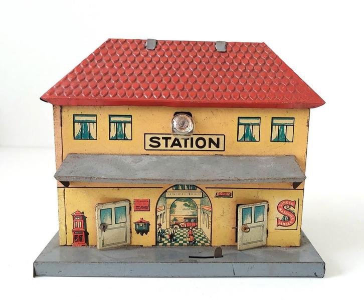 Antiek Johann Dister Blikken Trein Station made in Germany, Antiek en Kunst, Antiek | Speelgoed, Verzenden