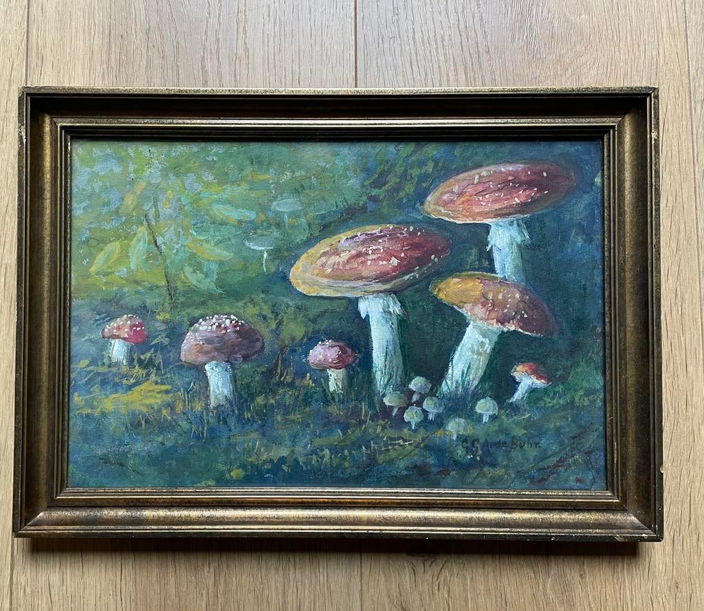 Aquarel paddestoelen in goudkleurige lijst, G.G.A. de Buhr, Antiek en Kunst, Kunst | Schilderijen | Klassiek, Ophalen of Verzenden