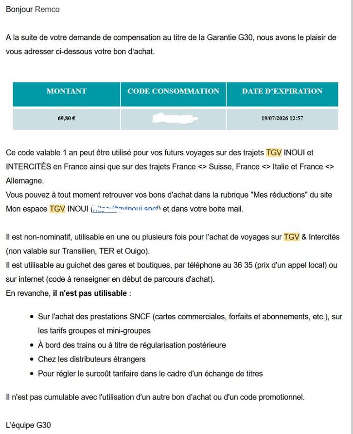 Tegoedbon franse trein SNCF en TGV, Tickets en Kaartjes, Trein, Bus en Vliegtuig, Eén persoon, Overige typen, Trein, Buitenland