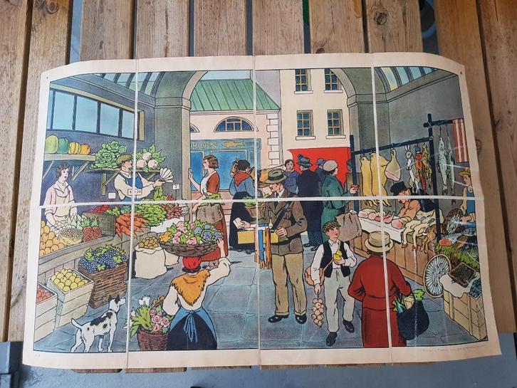 Op de markt oude schoolplaat uit Frankrijk litho op canvas., Antiek en Kunst, Kunst | Litho's en Zeefdrukken, Ophalen of Verzenden