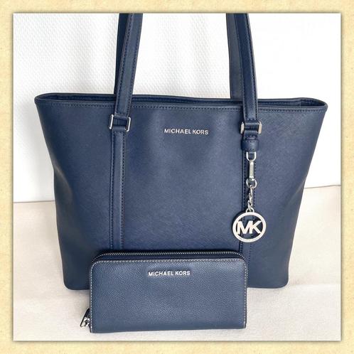 Michael Kors schoudertas+portemonnee, leer, d.blauw, Sieraden, Tassen en Uiterlijk, Tassen | Schoudertassen, Zo goed als nieuw