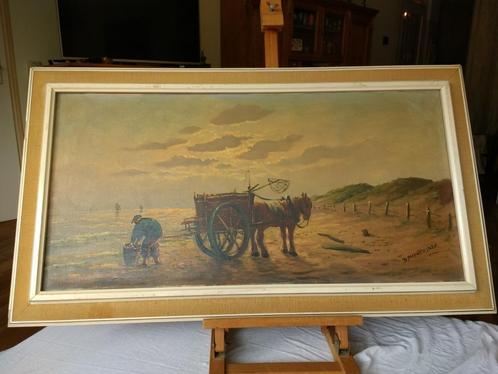 DE Garnalen visser aan het werk op het strand, Antiek en Kunst, Kunst | Schilderijen | Klassiek, Ophalen of Verzenden