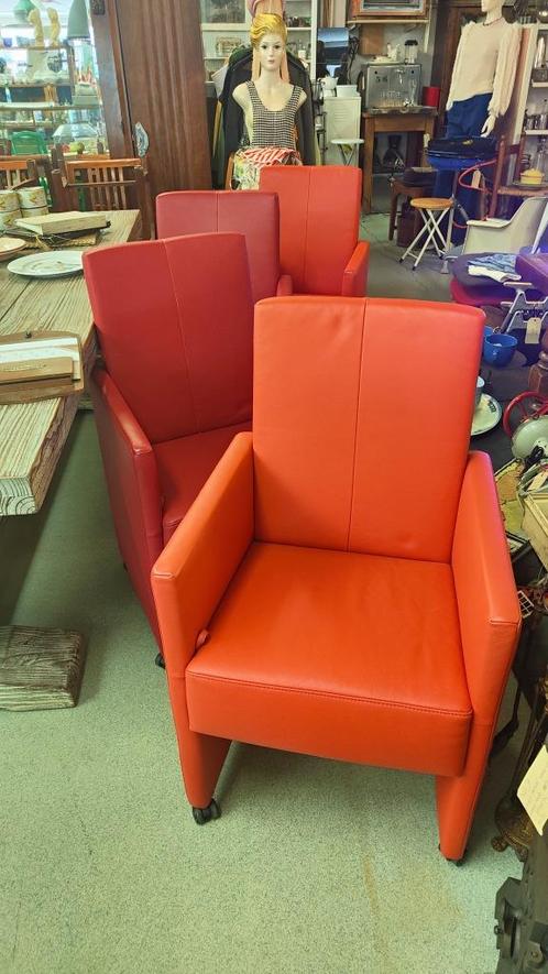 Vier rode eetstoelen echt leder met verstelbare rug, Huis en Inrichting, Fauteuils, Zo goed als nieuw, Leer, Minder dan 75 cm