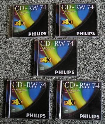 5 Stuks Philips CD-Rewritable, 650 MB 74 minuten. beschikbaar voor biedingen