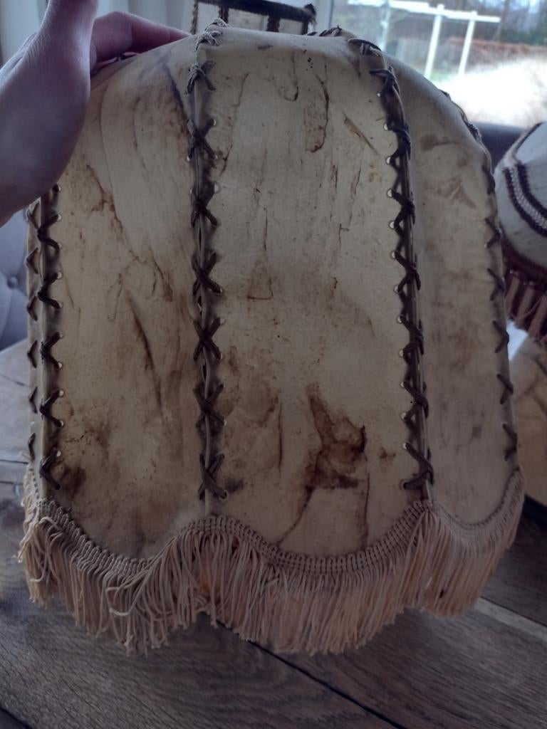 Oude grote lampenkap varkensblaas retro, Huis en Inrichting, Lampen | Lampenkappen, Ophalen of Verzenden, Gebruikt, Rond