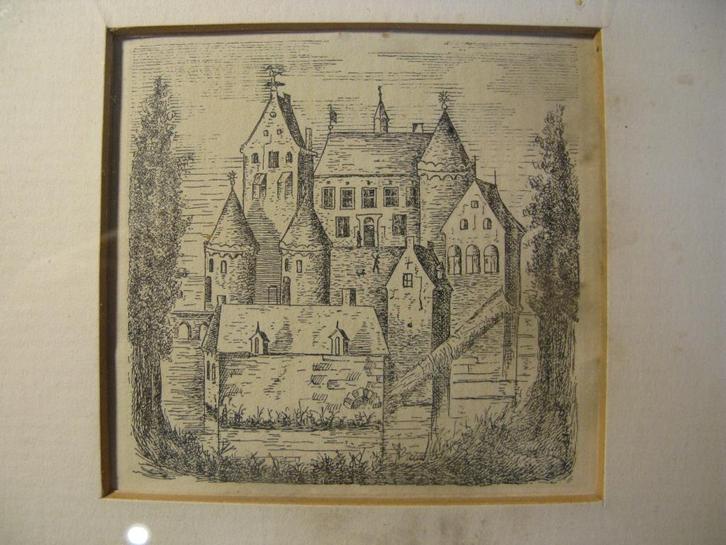 ingelijste litho/ets, kasteel van Eindhoven omstreeks 1600, Antiek en Kunst, Kunst | Litho's en Zeefdrukken, Ophalen of Verzenden