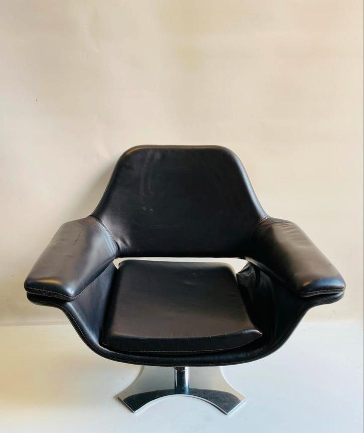 Zwarte lederen Hi Cove draaifauteuil Molteni & C, Huis en Inrichting, Stoelen, Gebruikt, Eén, Leer, Zwart, Ophalen