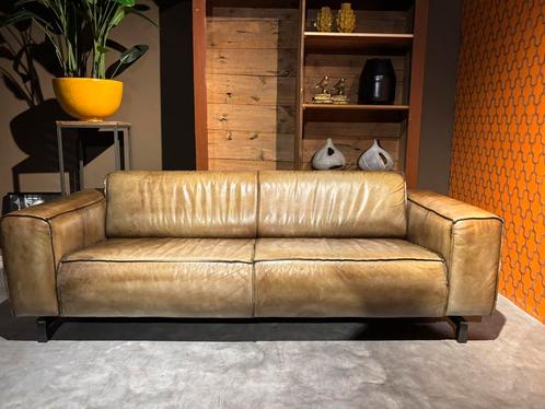 Vintage Strakke stoere Ptmd Leren Bank, Huis en Inrichting, Banken | Bankstellen, Gebruikt, Rechte bank, Vierpersoons of meer