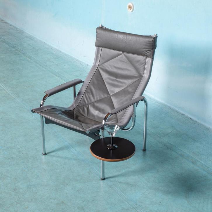 Strässle HE1106 fauteuil Hans Eichenberger jaren 70, Huis en Inrichting, Fauteuils, Gebruikt, Leer, Metaal, Overige materialen