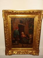 Antique oil painting, Is signed, +- 1880, Family + chickens., Ophalen of Verzenden