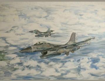 Acryl schilderij van F16 vliegtuigen op missie ,700x120 cm beschikbaar voor biedingen