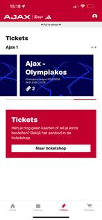 2 Kaarten | Ajax Olympiakos | Vak 425, Tickets en Kaartjes, Twee personen