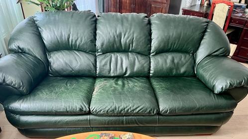 lerenbank 3 zits, Huis en Inrichting, Banken | Bankstellen, Gebruikt, Rechte bank, Driepersoons, 200 tot 250 cm, 75 tot 100 cm
