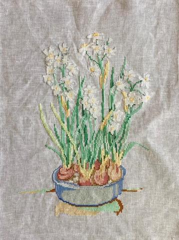 Borduurwerk, zijde, bloem, narcis, stilleven, vintage  beschikbaar voor biedingen