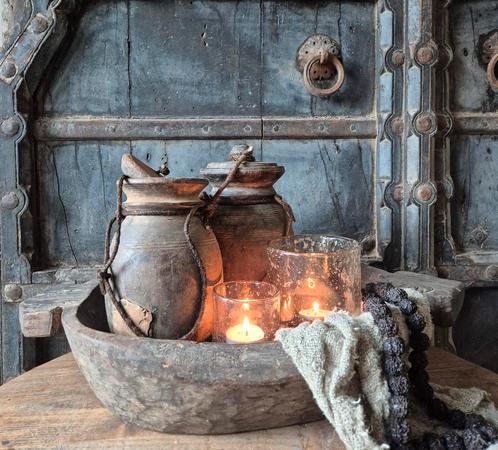 Houten schaal, nepalese kruik, bubbellicht, landelijke sfeer, Huis en Inrichting, Woonaccessoires | Schalen en Manden, Nieuw, Rond