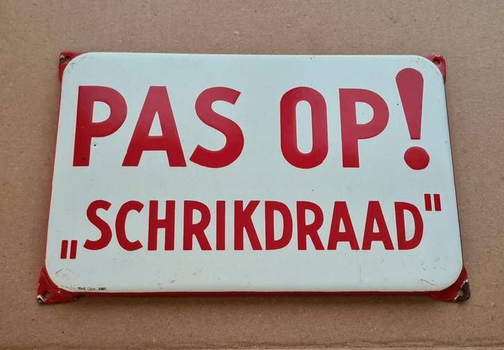 Emaille bord "Pas op! Schrikdraad" Langcat Bussum, Antiek en Kunst, Antiek | Emaille, Ophalen of Verzenden