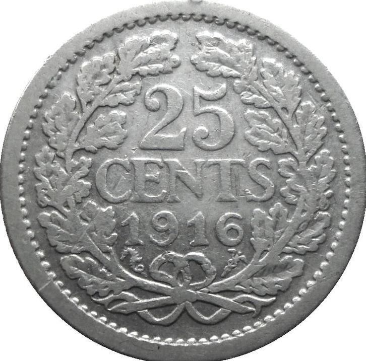 Nederland 25 cent 1916 (zilver, schaars), Postzegels en Munten, Munten | Nederland, Losse munt, 25 cent, Koningin Wilhelmina, Zilver
