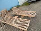 Teak Houten Ligbedden met Wielen - 2 stuks, Ophalen of Verzenden, Nieuw, Hout, Verstelbaar