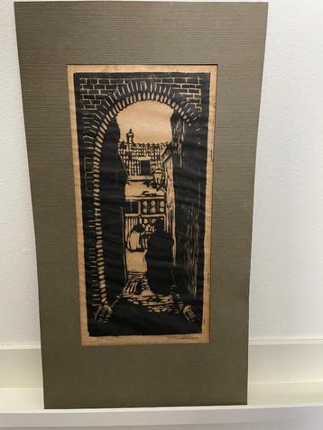 Houtsnede/Linosnede gesigneerd- Steegje beschikbaar voor biedingen
