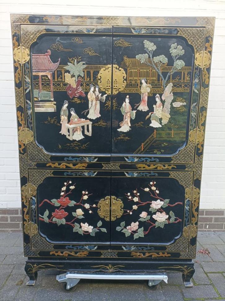 Retro chinese kast, antiek oosters tv kast, vintage meubel, Huis en Inrichting, Kasten | Televisiemeubels, Gebruikt, 150 tot 200 cm