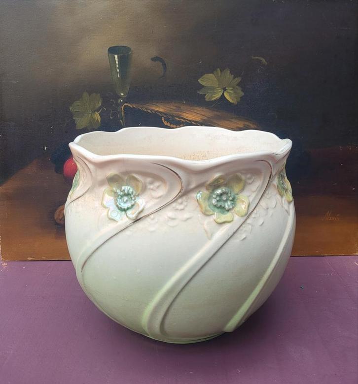 Barbotine bloempot groene bloemen Toen was geluk, Antiek en Kunst, Curiosa en Brocante, Ophalen of Verzenden