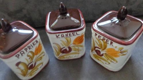 Vintage kruidenpotjes 3 stuks met decotekening JAREN 70, Antiek en Kunst, Curiosa en Brocante, Ophalen of Verzenden