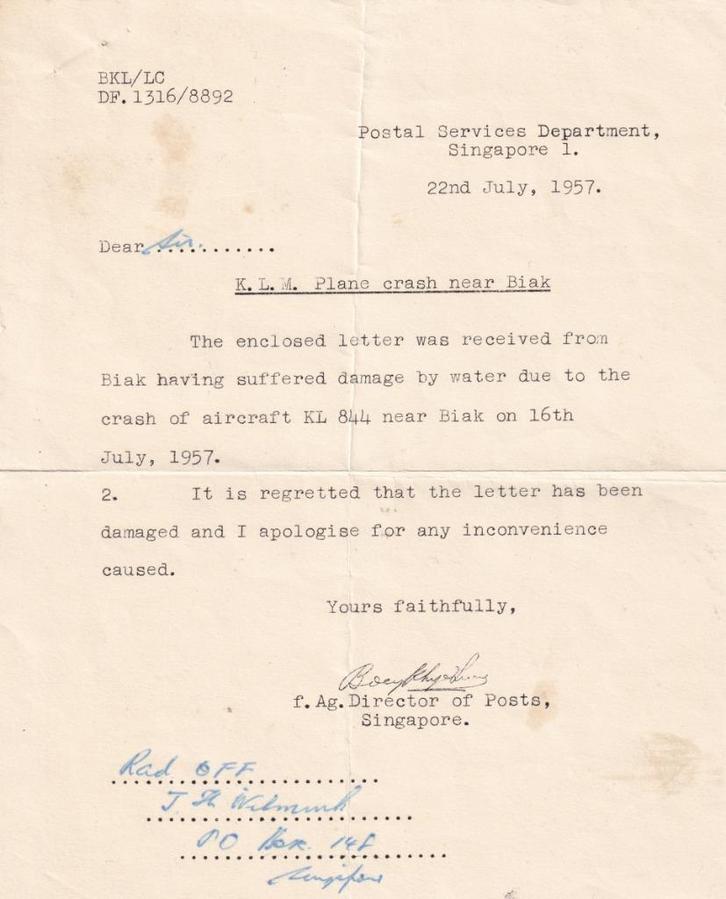 KLM 1957 Vliegtuigcrash BIAK Constellation Neutron PH LKT, Postzegels en Munten, Brieven en Enveloppen | Nederland, Brief, Ophalen of Verzenden