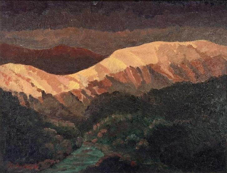 804. Olieverfschilderij, berglandschap, midden 20e eeuw, Antiek en Kunst, Kunst | Schilderijen | Modern, Ophalen of Verzenden