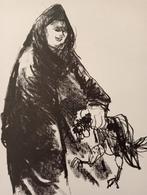 Dirk Ten Hoedt lithografie vrouw met kip/haan jaren 70, Antiek en Kunst, Verzenden