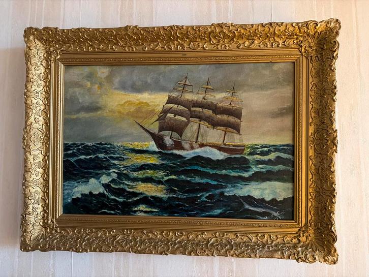 Schilderij van een zeilschip op zee, Antiek en Kunst, Kunst | Schilderijen | Klassiek, Ophalen