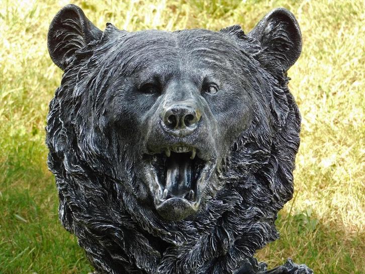 Beeld Berenkop - Polystone - Zilvergrijs met Zwart, Antiek en Kunst, Kunst | Beelden en Houtsnijwerken, Ophalen of Verzenden