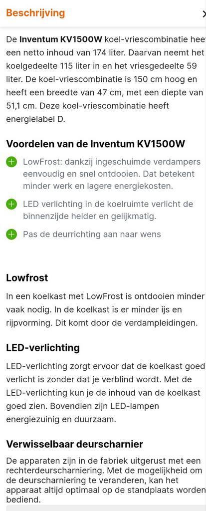 Inventum KV1500W Koelvriescombinatie - Zo goed als nieuw!, Witgoed en Apparatuur, Koelkasten en IJskasten, Zo goed als nieuw, Met vriesvak