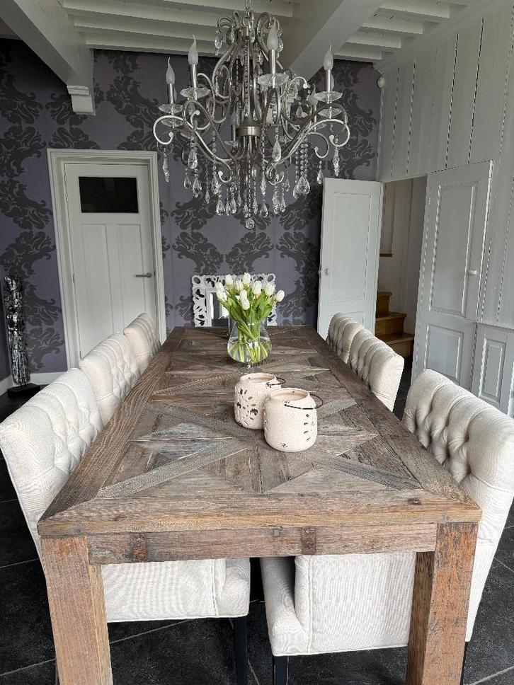 complete eetkamer, 6 eetkamerstoelen, tafel, kroonluchter, Huis en Inrichting, Complete eetkamers, Gebruikt, 4 tot 6 stoelen, Ophalen