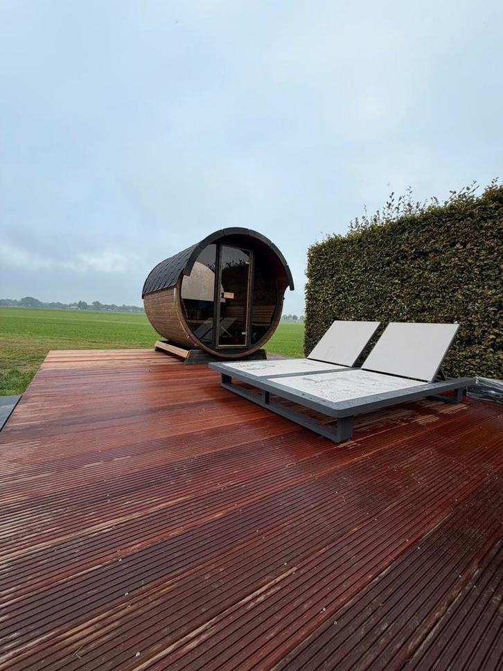 Thermohout barrelsauna gebogen banken, evt. panorama wanden, Sport en Fitness, Sauna, Nieuw, Complete sauna, Fins of Traditioneel