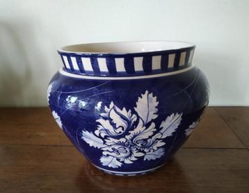 Bloempot, jardiniere blauw/wit aardewerk, vintage beschikbaar voor biedingen