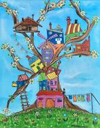 Schilderij vrolijke boom met dorpje kleurrijk acryl canvas, Ophalen of Verzenden