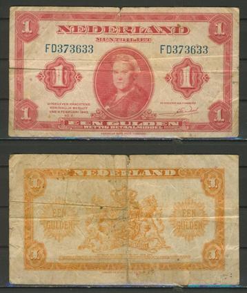 Muntbiljet 1 Gulden Mei 1943 FD373633 WO2 Biljet c-133 jdu V