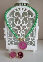 Smiley Ketting + Oorbellen Pink / Groene Parels 😊😊😊, Overige materialen, Met strass, Verzenden, Nieuw